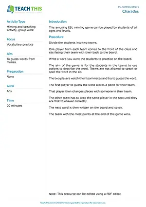 Free ESL miming game where students use actions to describe words for teammates to guess in classic charades format