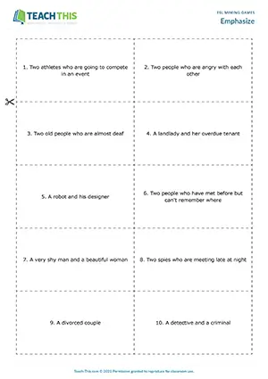 Free ESL acting game where students use word stress, tone and body language to act out situations for others to guess