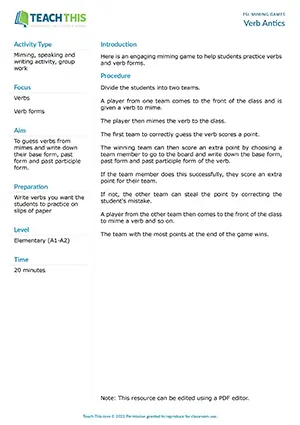 Free ESL miming game to practice verbs and verb forms through team-based guessing and writing activities