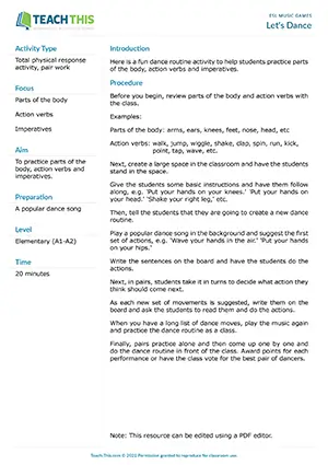 Free ESL dance routine activity where students practice body parts and action verbs by creating and performing dance moves