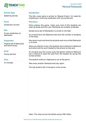 Free ESL music game similar to musical chairs where young learners identify vocabulary by standing on flashcards