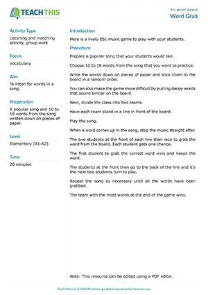 Free ESL music game where students race to grab words from the board when they hear them in songs