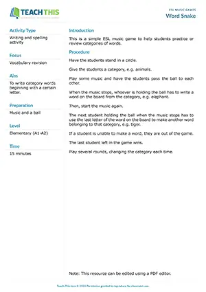 Free ESL music game where students practice vocabulary categories by creating word chains using last letters
