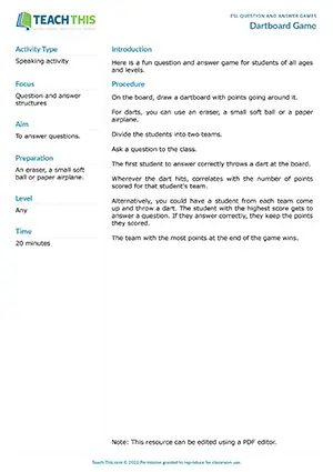 Free ESL game where students answer questions to earn points by throwing darts at a board