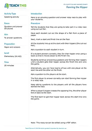 Free ESL relay race game where students answer questions to fan paper fish across finish line