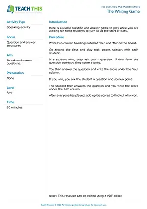 Free ESL game using rock paper scissors to practice asking and answering questions while waiting for class to start
