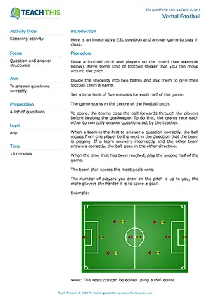 Free ESL football-themed game where teams answer questions to move the ball and score goals