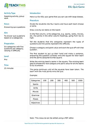 Free ESL quiz game for large classes using categories and point values on a board grid