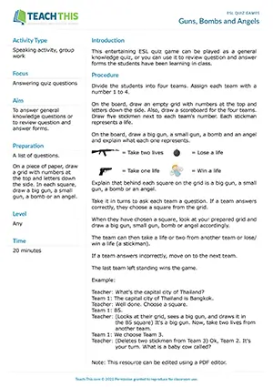 Free ESL quiz game where teams gain or lose lives by answering questions and choosing grid squares