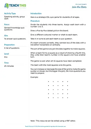 Free ESL strategic quiz game where teams connect dots to form squares by answering questions correctly