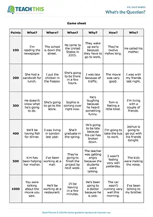Free ESL quiz game for practicing Wh questions where students form questions from given sentences