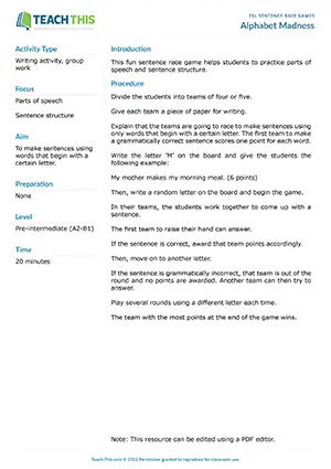 Free ESL sentence race game where teams create sentences using words that all begin with the same letter