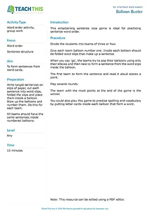 Free ESL game where teams pop balloons to find word slips and race to form sentences