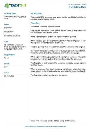 Free ESL game where teams use native language to help players translate sentences into English