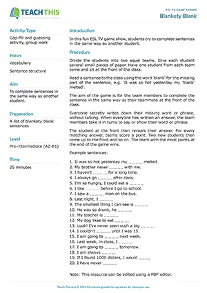 Free ESL TV game show where students complete sentences trying to match their teammate's answers