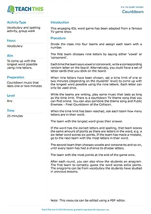 Free ESL word game where teams form the longest possible words from nine random letters