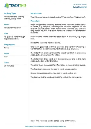 Free ESL word guessing game where teams deduce secret words using letter position clues