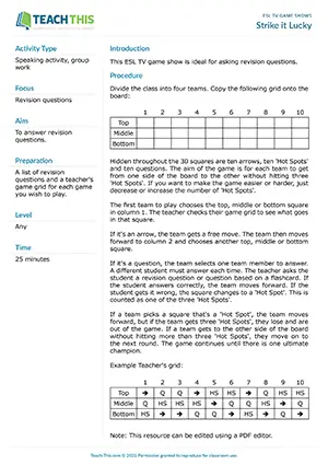 Free ESL game show where teams navigate a grid avoiding hot spots by answering questions correctly