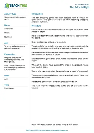 Free ESL shopping game where teams estimate product prices without going over the actual cost