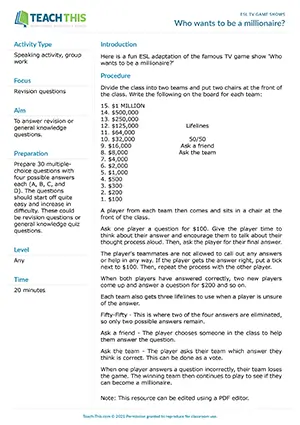 Free ESL adaptation of famous quiz show with multiple choice questions and lifelines