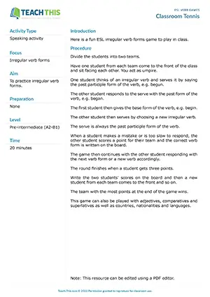 Free ESL irregular verb forms game where students play tennis-style exchanges naming past, past participle and base forms of irregular verbs