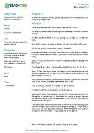 Free ESL verbs game where students create sentences using verbs written on leaf-shaped papers attached to a tree drawn on the board