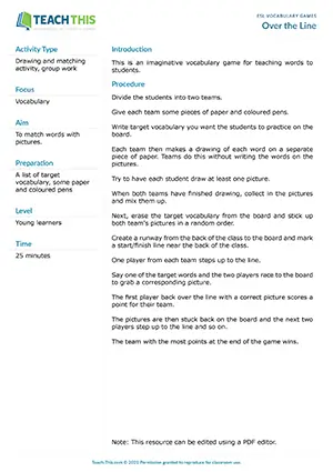 Free ESL vocabulary game where young learners draw pictures of words then race to grab the correct drawing when the teacher calls out vocabulary