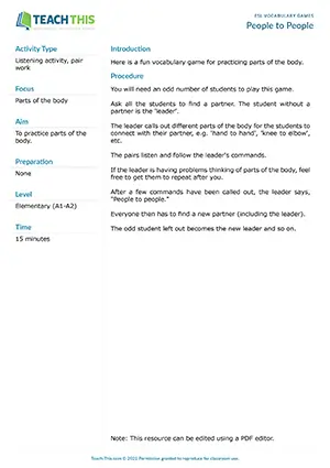 Free ESL parts of the body game where students connect different body parts with partners following a leader's commands