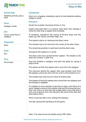 Free ESL vocabulary revision game where teams act as warships calling out category words in sequence until ships are sunk