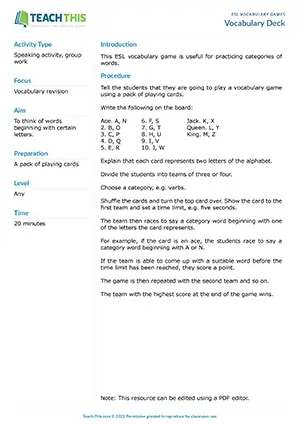 Free ESL vocabulary game using playing cards where teams race to say category words beginning with letters assigned to each card