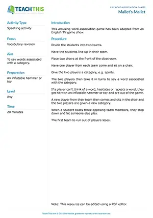 Free ESL word association game where students take turns saying words related to a category until someone hesitates or repeats