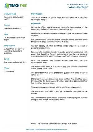 Free ESL word association game where teams guess topics from associated words written by their opponents