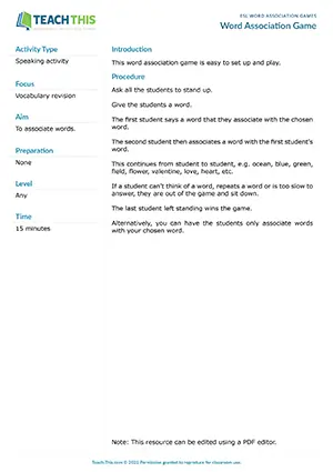 Free ESL word association game where students stand in a circle and say associated words in sequence until someone is eliminated