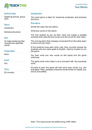 Free ESL word game where students create sentences using two given words with winning teams recruiting players from losing teams