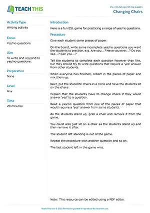 Free ESL yes/no questions game for any level featuring chair-changing activity, question writing practice, and interactive classroom movement exercises