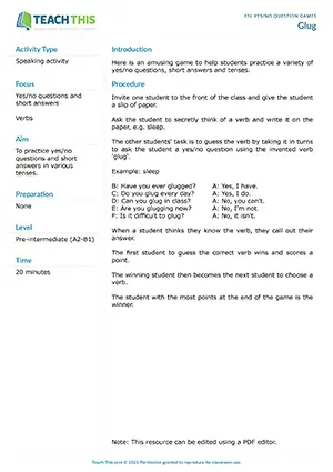 Free ESL yes/no questions game for pre-intermediate students featuring verb guessing, question formation practice, and interactive speaking activities