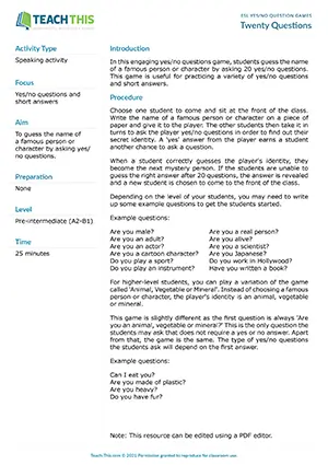 Free ESL yes/no questions game for pre-intermediate students featuring famous person guessing, question formation practice, and interactive speaking activities