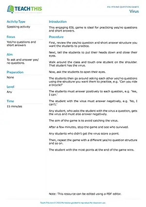 Free ESL yes/no questions game for any level featuring virus-spreading activity, question practice, and interactive classroom movement exercises