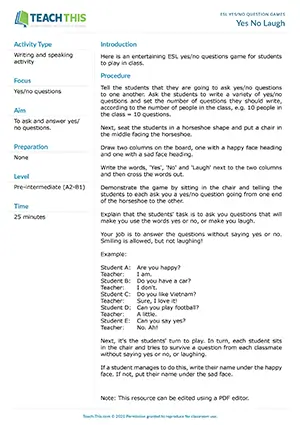 Free ESL yes/no questions game for pre-intermediate students featuring humor-based activities, question writing practice, and interactive speaking challenges