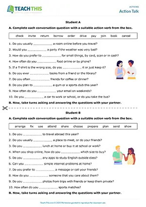 ESL actions activity preview, pre-intermediate A2, gap-fill, asking and answering questions, controlled and freer practice