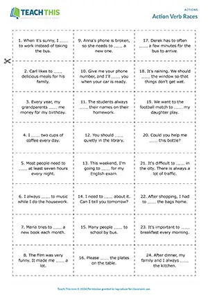 ESL action verb games preview, elementary A1-A2, matching, gap-fill, sentence forming, group work