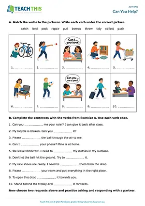Can You Help? ESL action verbs worksheet, pre-intermediate A2, picture matching and making requests for help