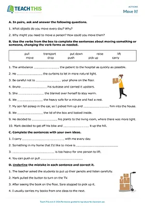 ESL actions worksheet preview, pre-intermediate A2, sentence completion, error correction, conversation questions
