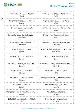 ESL actions game preview, elementary A1-A2, miming, guessing, group work, physical verbs