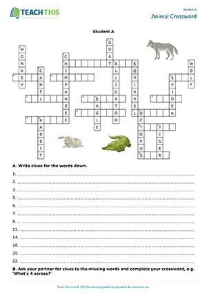 ESL animals crossword preview, pre-intermediate A2, writing clues, describing, guessing, pair work