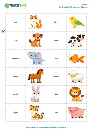ESL animal vocabulary game preview, beginner A1, matching, pelmanism, forming sentences, freer practice, pair work