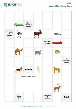 ESL animals board game preview, pre-intermediate A2, writing, asking and answering quiz questions, group work