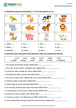 ESL animal vocabulary worksheet preview, beginner A1, matching, gap-fill, controlled practice