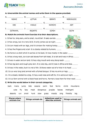 ESL animals worksheet preview, intermediate B1, unscrambling, matching, categorising, guessing, pair work