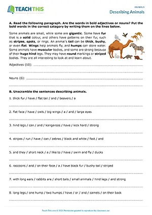 ESL describing animals worksheet preview, upper-intermediate B2, categorising, gap-fill, unscrambling, writing sentences